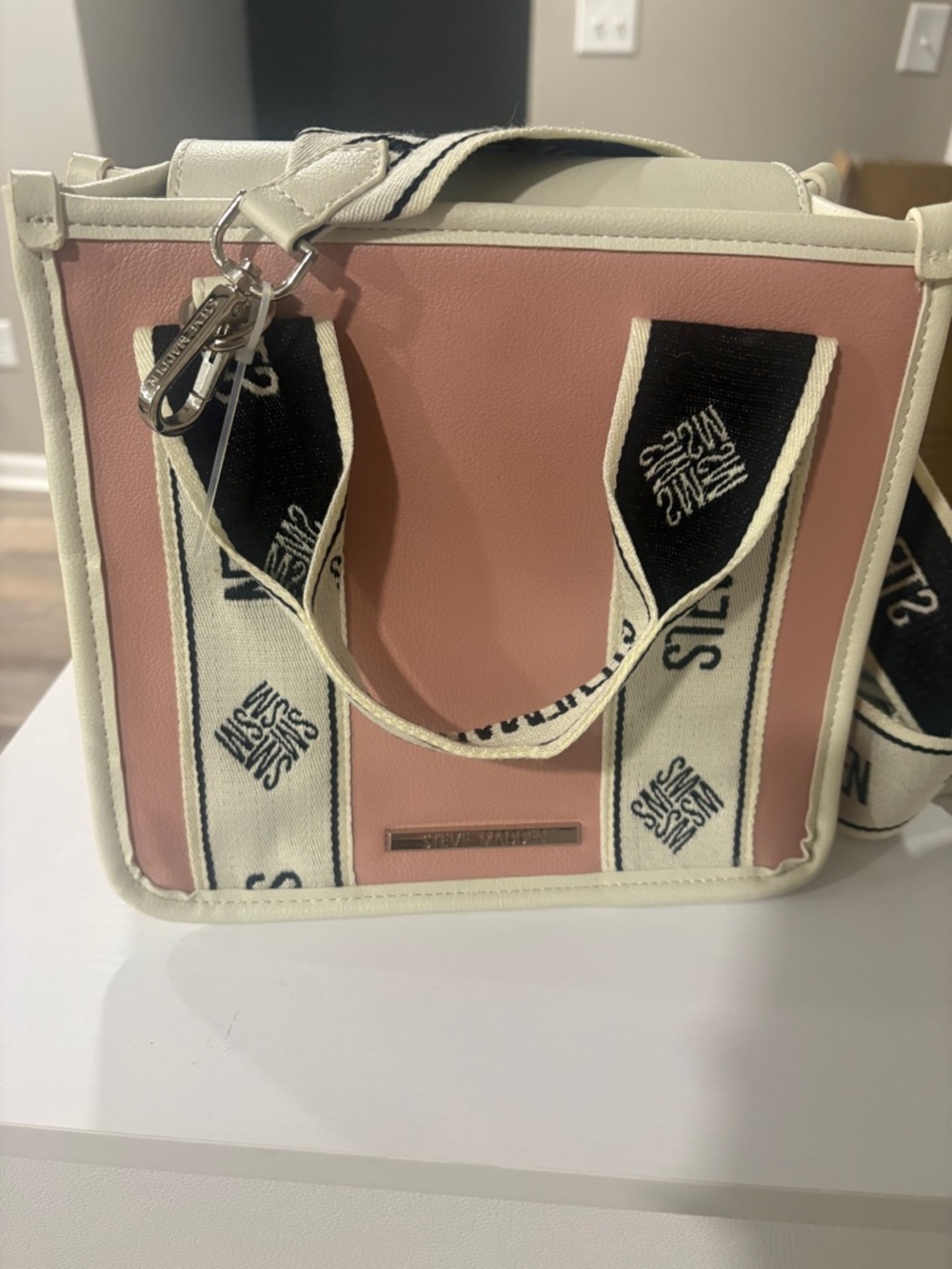 Steve Madden Pink and Cream Box Tote with Branded Strap